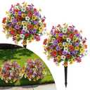Alupssuc 2Pcs 20" Artificial Topiary Ball Flowers, Spring Outdoor Decoration with Spike, UV Resistant Faux Summer Plants, Faux Bushes Plants, Red Purple Yellow White for Garden, Porch & Patio Decor