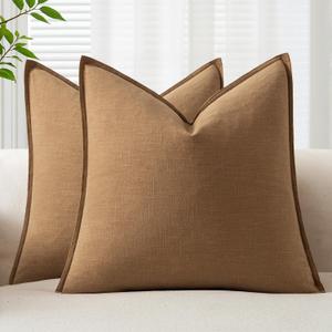 EMEMA Decorative Linen Throw Pillow Covers 20x20 Inch Brown Boho Farmhouse Neutral Couch Throw Pillows for Bed Pack of 2 Accent Pillowcase Modern Sofa Cushion Livingroom Home