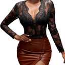 SOLY HUX Women's Lace Long Sleeve Bodysuit V Neck Sheer Mesh Sexy Body Suits Going Out Tops (Medium, Plain Black)