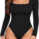 TRENLIVER Womens Long Sleeve Body Suits Square Neck Thong Bodysuit Slim Shirts Sexy Fall Going Out Tops Y2K 2025, Large