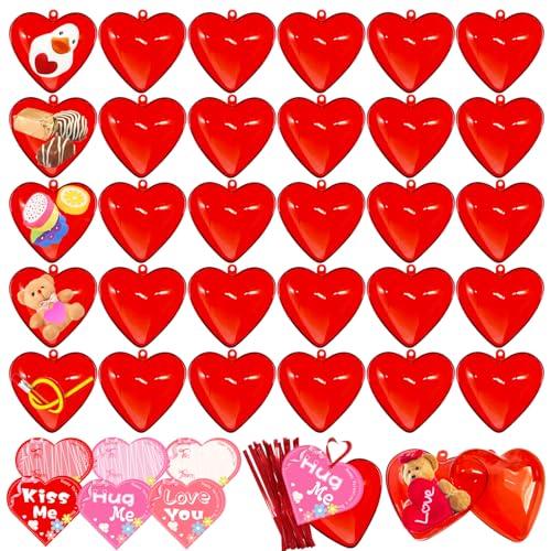 Blvochnnt 30 Pack Valentine Hearts Plastic Filled Candy Box with Cards Wires Sets,2.6 Inch Red Heart Shaped Fillable Hanging Ornament Container for Valentine Party Favor,Birthday,Wedding Supplies