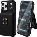 VANAVAGY Compatible for iPhone 17 Pro Wallet Case with RFID Blocking Card Holder, [Screen Protector] PU Leather Shockproof Case Magnetic Clasp Ring Kickstand Flip Phone Cover for Women Men,Black