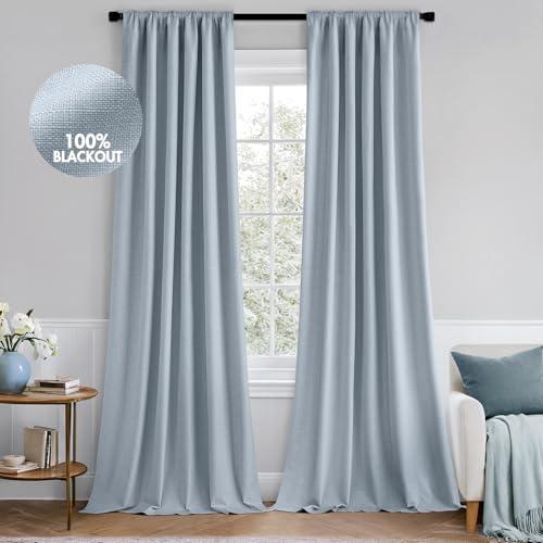 MIULEE 100% Blackout Curtains 90 Inch Long 2 Panels Set for Bedroom, Thick Faux Linen Black Out Curtain Room Darkening Back Tab Pleat Window Textured Drapes with Hooks for Living Room, Chambray Blue