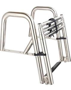 Mojiate 3+1-Step Stainless Steel Telescoping Dock Ladder for Pontoon Boats - Heavy Duty 600lbs Capacity, Foldable Rear Entry Swim Ladder with Wide Anti-Slip Pedals & Handrails