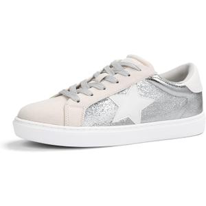 PARTY Women's Fashion Sneaker Lace Up Low Top Comfortable Cushioned Walking Shoes,Podcast,Silver Met,8