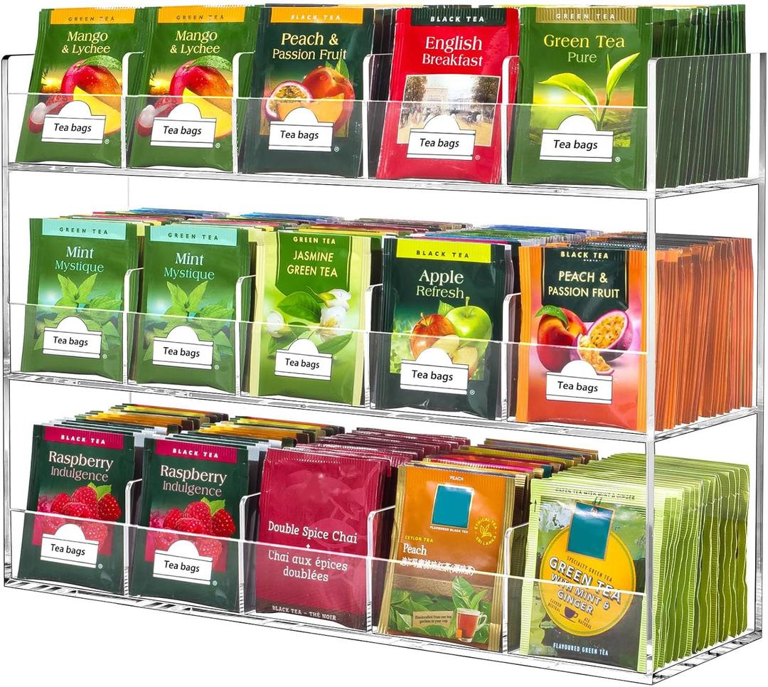 BEYGORM Acrylic Tea Bag Organizer for 270 Tea Packets, No Assembly Required Display Holder for Countertop, Vertical Tea Bag Caddy for Cabinet, Tea bar Accessories, Teabags Storage Containers, 15 Compartments