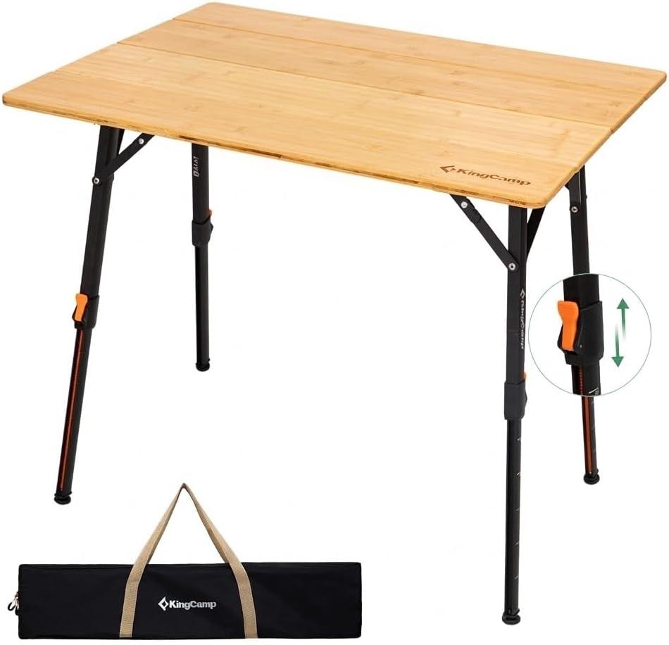 KingCamp Bamboo Folding Table, 4-Fold Camping Adjustable Height Portable Outdoor Lightweight & Compact Table with Aluminum Frame for RV Picnic BBQ Tailgating, 31.5''x23.6'', M