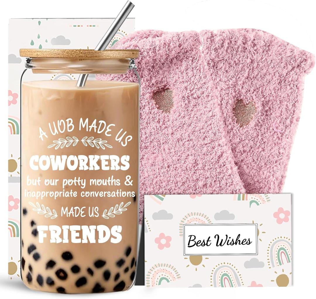 DHQH Funny Coworker Gifts for Women, Farewell Friendship Gifts for Friends, Birthday Present Set with 16 Oz Glass Cup Socks, Christmas Thank You Gift for Her