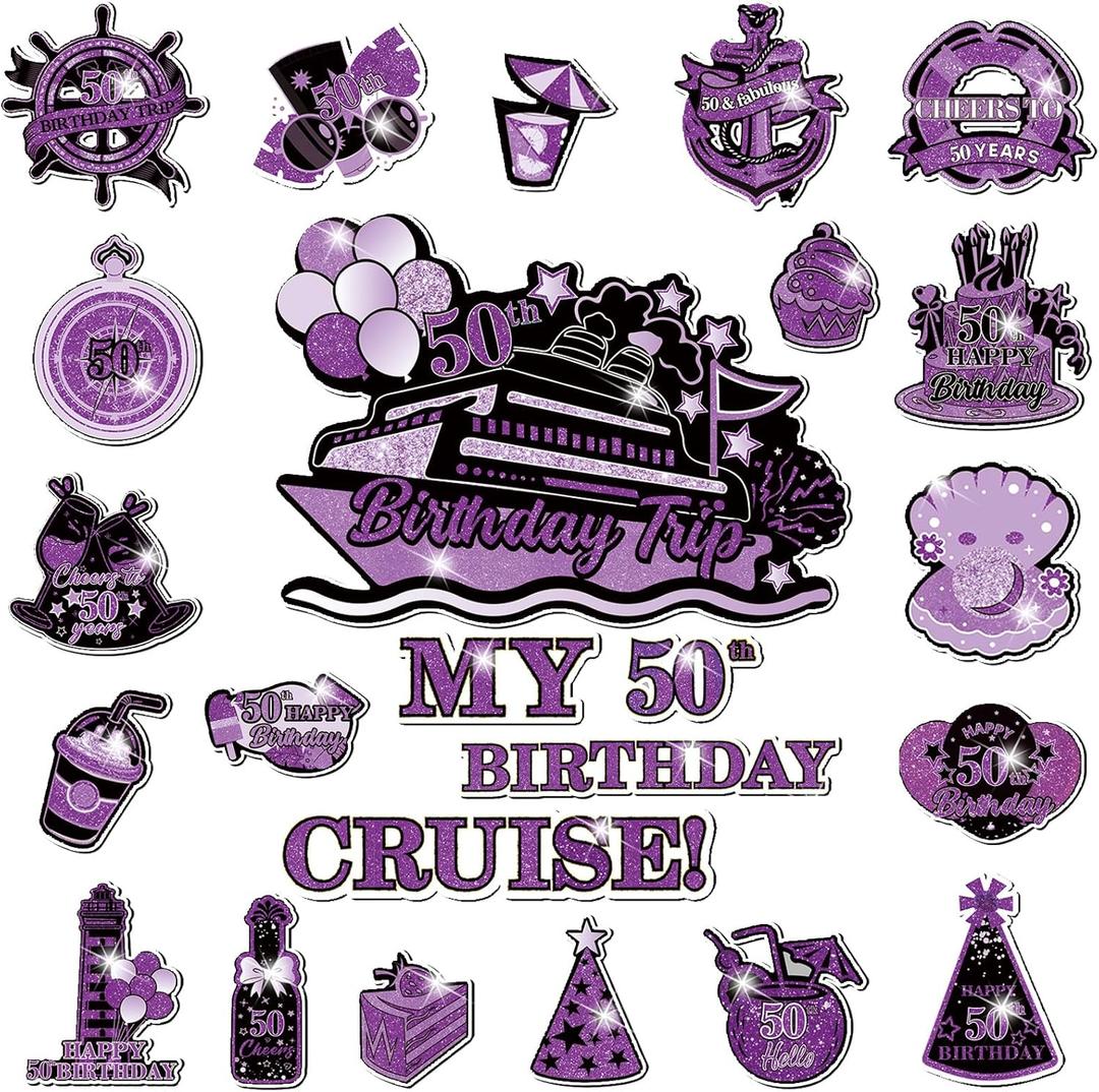 50th Birthday Cruise Door Decorations Magnets,Purple Black Happy 50th Birthday Cruise Ship Door Decor Magnetic for 50th Women Men Anniversary Party Supplies Favor Door Refrigerator Fridge Car Kitchen