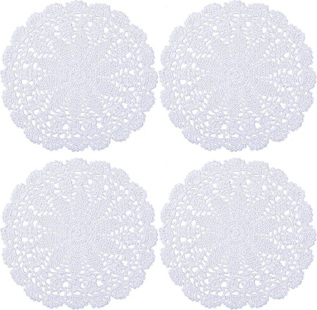 4pcs Vintage Lace Crochet Doilies, 9 Inch Round Lace Placemats Knitted Handmade Tablecloth for Tables Rustic Table Decors for Kitchen Dining Room Party Wedding Decoration(White)