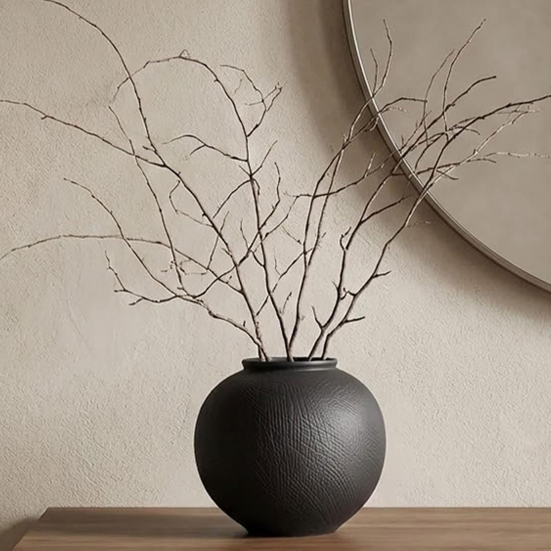 Small Blak Ceramic Vase - 6.1 Inch Small Black Round Vase, Rustic Farmhouse Vase for Home Decor, Dining Table, Shelf, Bedroom, Living Room, Kitchen, Office, Bathroom, Mantle, Centerpiece Dcor