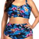 Daci Women Plus Size Two Piece Swimsuit - High Waisted Bikini Tummy Control Bathing Suit Bandeau Swimwear (XX-Large, Blue and Flower)