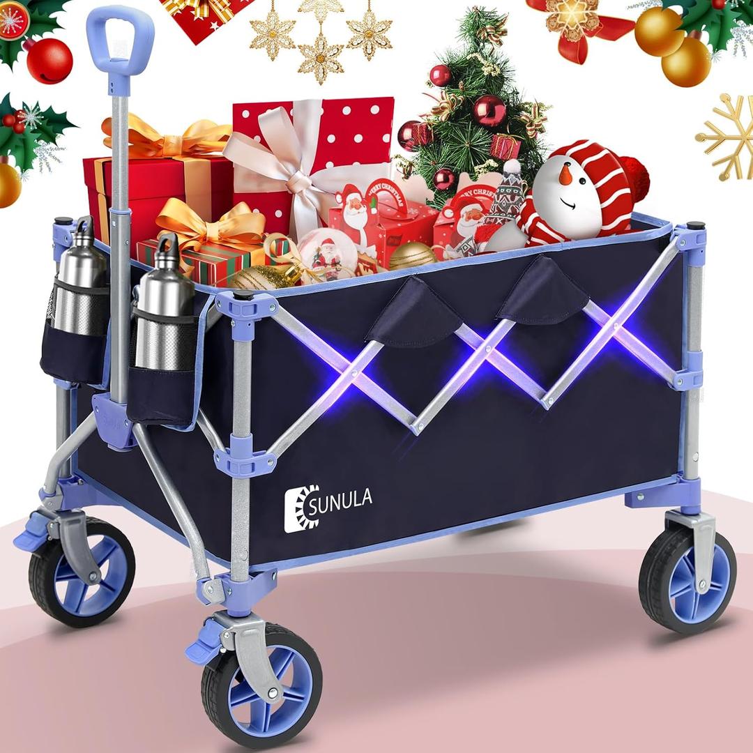 Collapsible Foldable Wagon Cart with 330lbs Weight Capacity, Heavy Duty Folding Wagon Cart with Big All-Terrain Wheels & Drink Holders. Blue