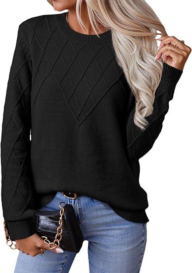 EVALESS Womens Sweaters Trendy Casual Crewneck Long Sleeve Cable Knit Lightweight Oversized Fall Sweaters Pullover Tops, Medium