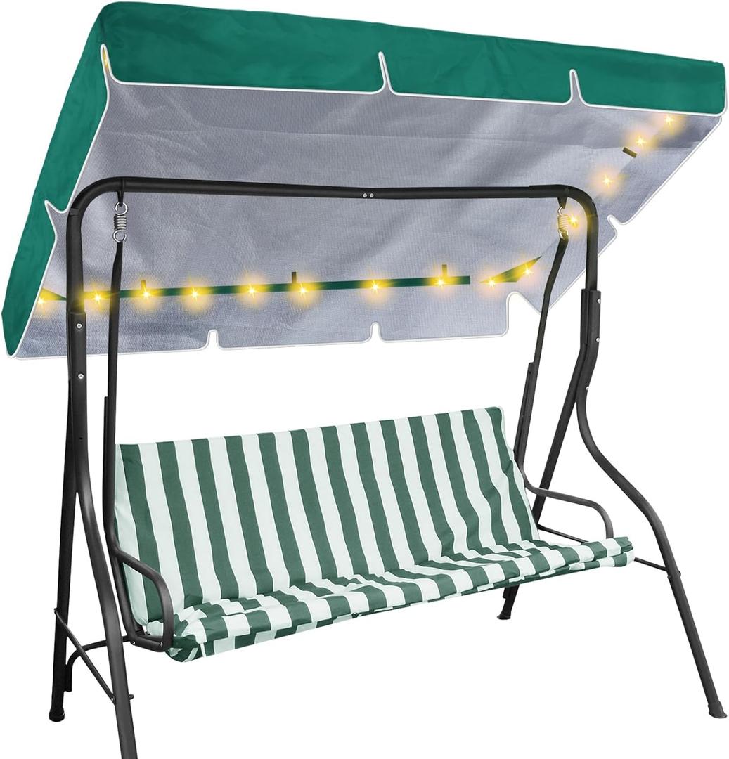 LED Lighted Porch Swing Canopy Replacement Waterproof LED Swing Canopy Top Cover 2-3 Seat Shade Awning Cover for Garden Outdoor Patio(77 x 49 Inch,Green)