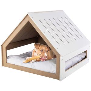 Indoor Dog House Bed - Wood Doghouse with Soft Cushion and Air Vents - 29.5x28x24in Dog Furniture for Small to Medium Pets up to 80lbs - Puppy Accessories by PETMAKER (White)