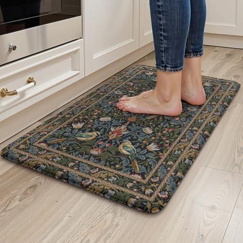 KIMODE Comfort Kitchen Mats for Floor Cushioned Anti Fatigue,Boho Floral Vintage Sink Rug Non Slip for Laundry,Memory Foam Padded Standing Desk Mat for Office,Navy Blue Green, 17''X29.5"
