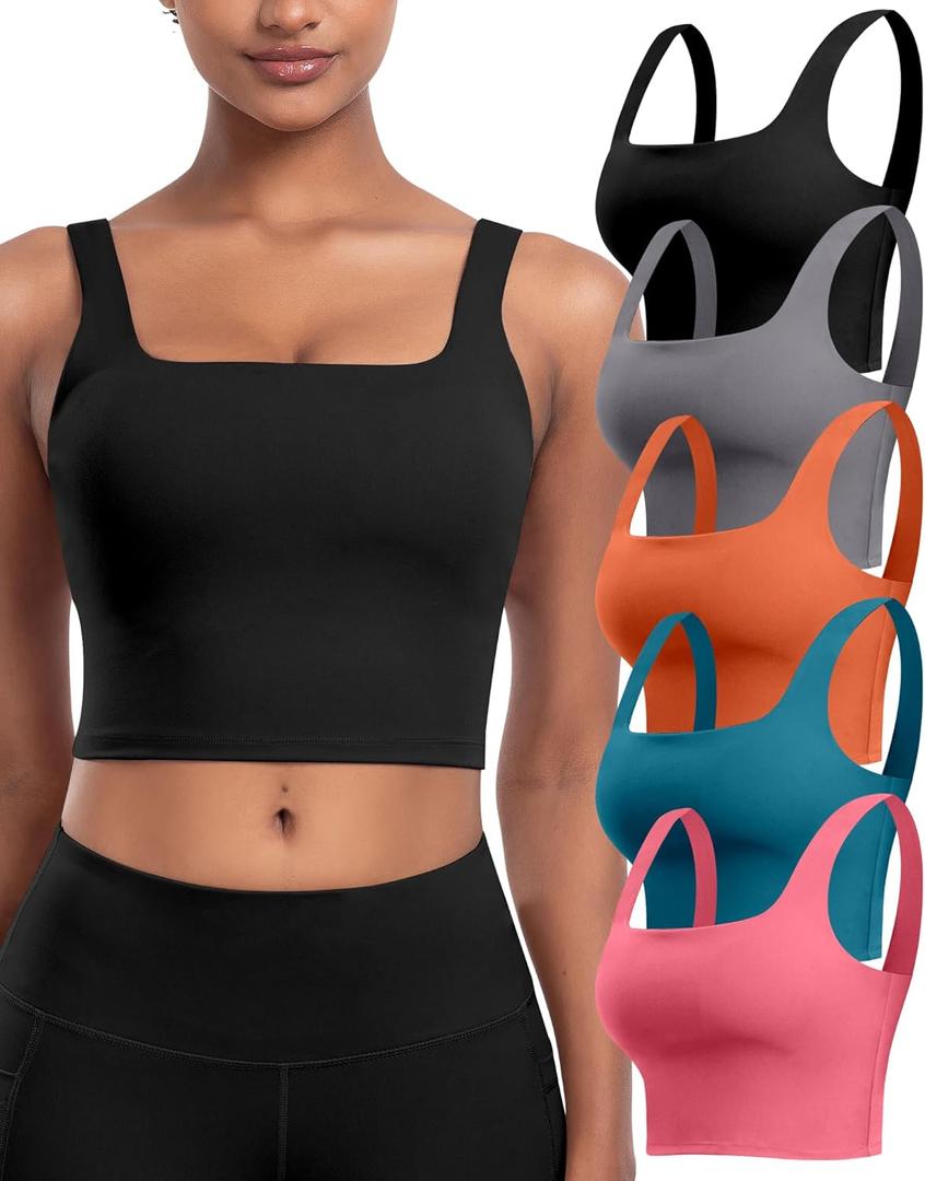 Womens Sports Bras 5 Packs - Square Neck Longline Workout Crop Tank Tops Padded Yoga Camisole with Built in Pads (Large, 5 Packs - Black/Dark Gray/Orange/Coral Pink/Peacock Blue)