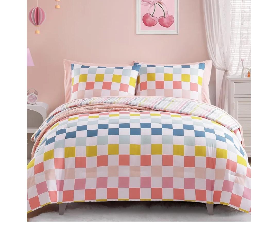 Twin Comforter Set for Girls-5 Pieces Colorful Check Twin Bedding Sets for Kids, Ultra Soft Bed in A Bag with Sheets