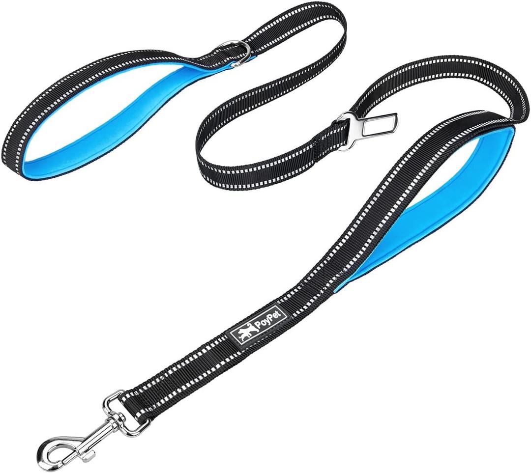PoyPet 5 Feet Dog Leash - 3M Reflective - 2 Cushioned Handles - Functional Car Seat Belt(Blue)