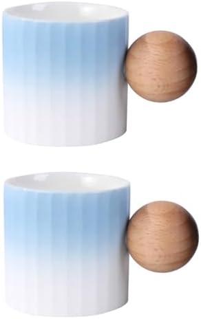 Fire Kirin Ceramic Espresso Cups Set of 2, 2 oz Mini Espresso Cups, Round Wooden Handle Stripes Demitasse Cups for Tea or Coffee (2, Blue)