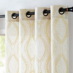 jinchan Boho Linen Blend Curtains Beige Farmhouse Curtains 63 Inches Long Gold Embroidered Leaf Living Room Ogee Geometry Drapes Light Filtering Grommet Country Drapes 2 Panels Gold on Flax