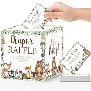 ZVAOLEE 51 Pcs Woodland Diaper Raffle Tickets with Diaper Raffle Card Box for Baby Shower Supplies, Diaper Raffle Sign Woodland Themed Insert Card, Advice and Wishes Diaper Raffle Insert Ticket