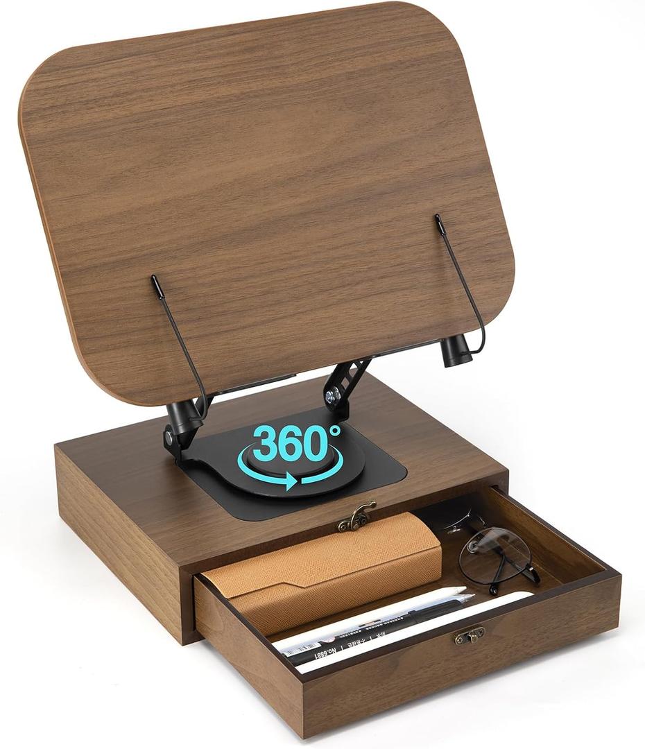 Adjustable Book Stand for Reading, With Drawers for Storage, Book Holder with 360 Swivel Base, Foldable Cookbook Stand, Recipe book holder, Textbook - Hands-Free, Design with Elastic Page Clips (brown)