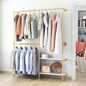 Gold Pipe Clothes Racks with White Shelves, Industrial Pipe Gold Clothing Rack with Double Hanging Rods, Heavy Duty Wall Mounted Clothing Rack Rod for Closet Storage, Bedroom