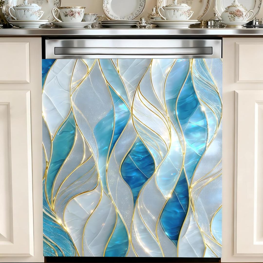 Dishwasher Magnetic Sticker, Glass Curve Style, Blue White Gold-line, 23x25.5 inches, Suitable for Dishwasher and Refrigerator Protection, Kitchen Art Decoration