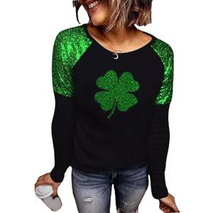 St. Patrick's Day T-Shirt Womens Funny Shamrock Printed Sequined Splicing Sleeve Casual Lucky Clover Heart Graphic Tee Tops (XX-Large, Black-2)