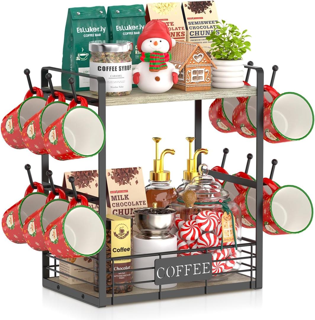 EsLuker.ly Coffee Mug Cup Holder Stand Bar Station Organizer for Countertop, Multi-Functional 2 Tier Mug Tree Rack for Kitchen, Storage Shelf with 12 Hooks, Light Grey-Black(Patented Design)