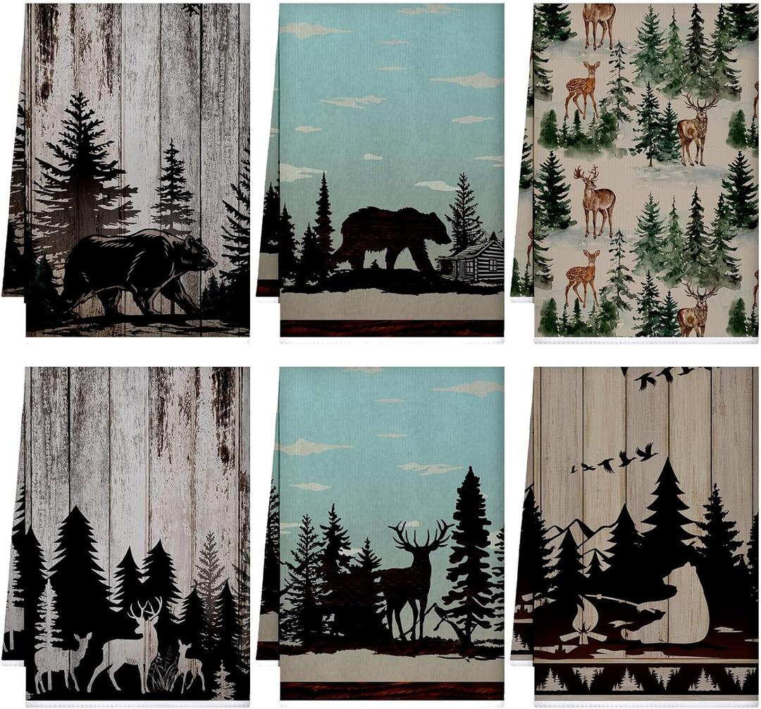 Bencailor 6 Pcs Decorative Kitchen Hand Towels Set Farmhouse Vintage Kitchen Dish Towels for Cabin Home Bathroom (Vintage Color, Elk Style)