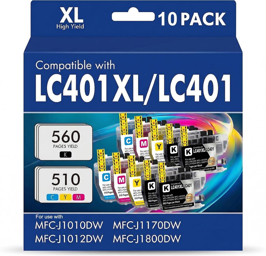 LC401XL Ink Cartridges for Brother Printer Compatible for LC401XL LC401 Work with MFC-J1010DW MFC-J1170DW MFC-J1012DW MFC-J1800DW Printer Upgraded 10 Pack (4Black 2Cyan 2Magenta 2Yellow)