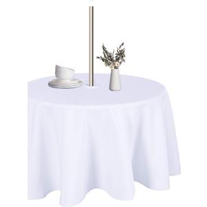 LUSHVIDA Round Outdoor Tablecloth with Umbrella Hole and Zipper for Wedding Christmas Gift, 60 Inch White for 20-48 Inch Tables, Washable Waterproof Spill Proof Table Cloth Cover for Patio Picnic