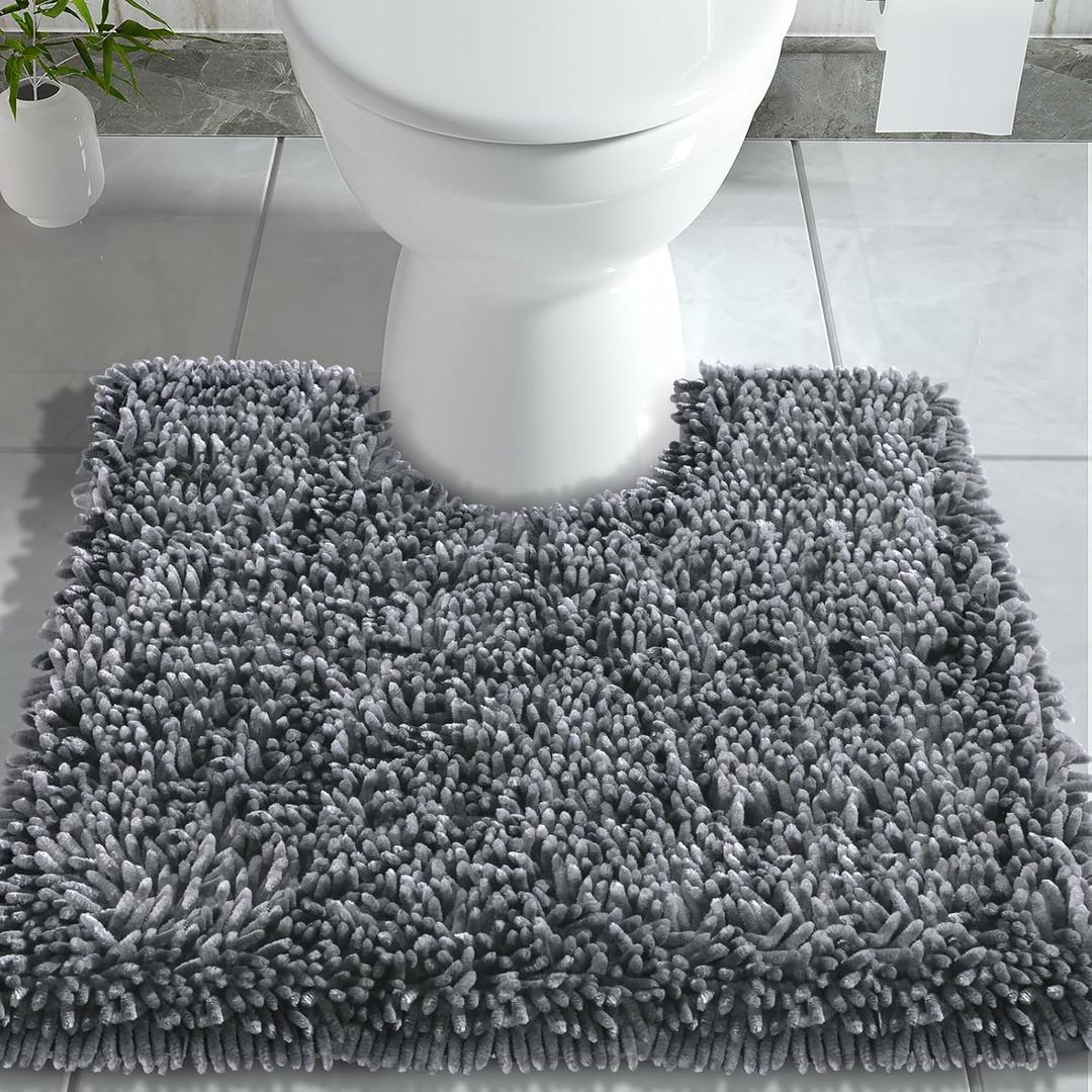 Yimobra Toilet Rugs U Shaped Washable, Extra Thick Soft Absorbent Chenille Contour Bathroom Rugs for Toilet 24x24 Inch, Quick Dry Non Slip Toilet Mat for Bath Floor, Silver
