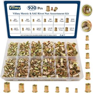 Vifmy Metric & SAE Rivet Nut Assortment Kit(920 Pcs), M3 M4 M5 M6 M8 M10#6-32#8-32#10-24 1/4"-20 5/16"-18 3/8"-16 UNC Flat Head Rivet Set, Zinc Plated Finish Carbon Steel Nutsert (Yellow)