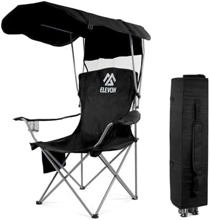 Elevon Camping Chair, Oversized Folding Chair with Canopy, Portable Outdoor Chair with Arms, Cup Holder and Carry Bag for Camping, Fishing, Beach, and Sports, Grey