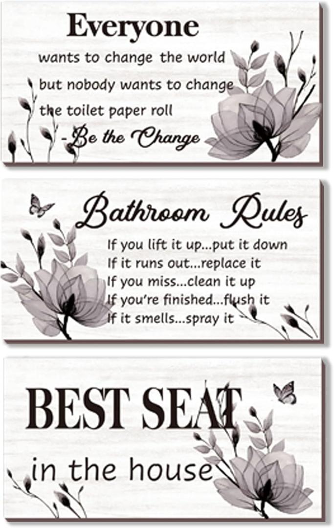 DONFENTHY Bathroom Decor, 3 Pcs Black Wall Art - Rustic Farmhouse Bathroom Rules Signs, Best Seat in The House, 10x5 Inch, Wooden