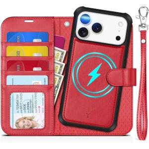 TUCCH 2-in-1 Removable Case Wallet for iPhone 17 Pro Max (6.9") 2025, Detachable Wrist Strap, 4 Card Holders RFID Blocking, Wireless Charging, Stand, Magnetic, PU Leather, Shockproof Folio Cover, Red