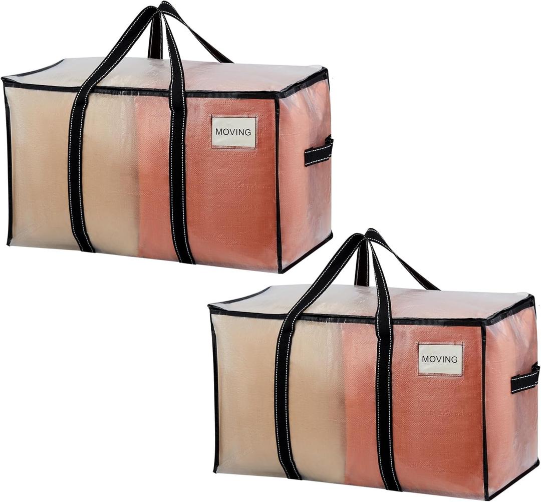 VENO 2 Pack Clear Storage Moving Bags, Heavy Duty Storage Bins with Lid, Around Handles, Tag, Zippers, Extra Large Totes Packing Moving Boxes Supplies for College Dorm Clothes (Transparent)