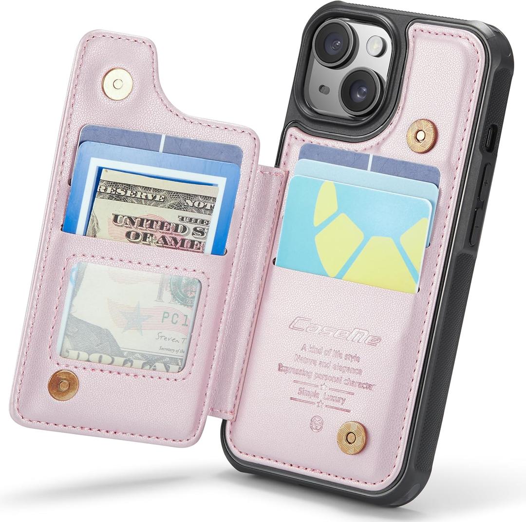 for iPhone 15 Plus Case with Card Holder, Wallet Case for Women Men with RFID Blocking, Durable Leather Kickstand Magnetic Clasp Shockproof Phone Case for iPhone 15 Plus (Pink)