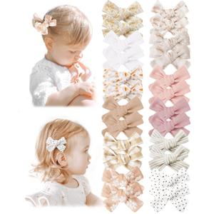 Niceye Baby Hair Clips - 24 Pcs Fully Lined Hair Bow Clips for Fine Hair Cotton Tiny Hair Barrettes for Infants, Toddlers, and Little Girls (Apricot)