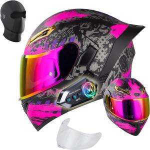 Soman Womens Motorcycle Helmet with Bluetooth - DOT Modular Motorcycle Helmets with Dual Visor, Flip Up Full Face Purple Helmet with Speaker and Mic