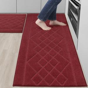 BEQHAUSE Kitchen Rugs Sets of 2 Washable Soft Kitchen Mats for Floor Non-Slip Kitchen Runner Rugs Absorbent Kitchen Floor Mats for Area Rugs, Sink, Hallway, Laundry 24”x35”+24”x60”,Burgundy Red
