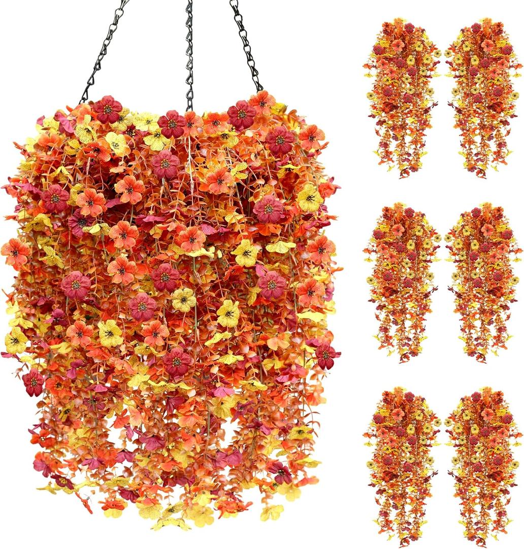 Artificial Hanging Flowers for Outdoor Fall Decoration, 6Pcs Faux Silk Daisy UV Resistant Look Real for Outside Home Indoor Planter Porch Window Yard Mums Autumn Decor (Yellow Sunset Orange)
