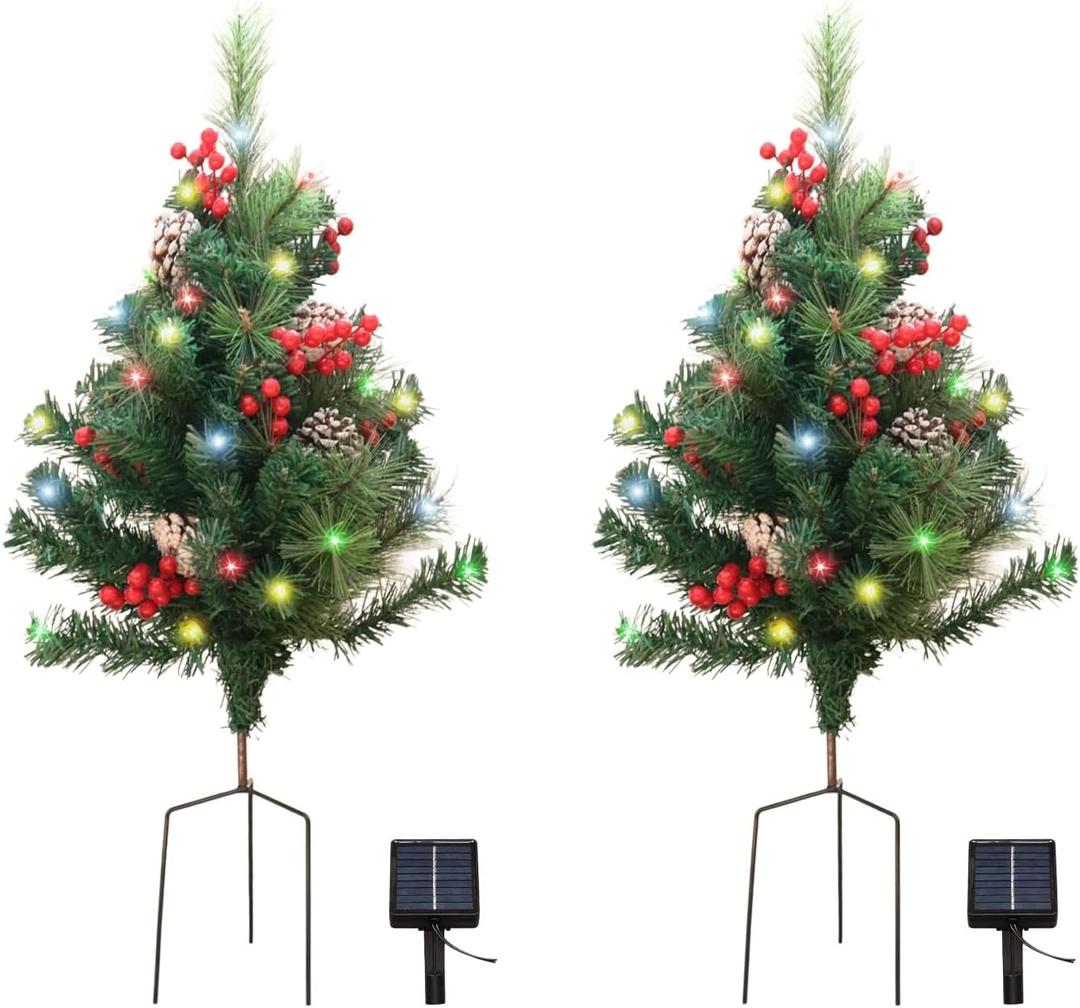 2 Pcs Solar Light Outdoor Mini Christmas Tree, 2.5ft, Ground Christmas Tree, Outdoor Xmas Decorations for Entrance Driveway, Porch, Yard, Garden, Red Berries, Pine Cones