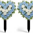 Frienda 2 Sets Artificial Cemetery Flowers Grave Stake Memorial Day Metal Gravesite Markers for Mom Dad, Outdoor Grave Spring Decorations(Heart,Blue,White)