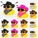 12 Pcs Rubber Ducks with 4 Colors Cow-boy Hat, Squeaky Ducks for Jeeps Ducking Car Dashboard, Kids Bath Toys Party Favors Ducks with Mini Paisley Bandanas and Sunglasses