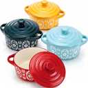 Goaste 4 Pack Porcelain Ramekins with Lids, 7 OZ Mini Casserole Dish with Handles, Round Ceramic Cocotte Bowl Set, Individual Small Baking Dish for Souffle, Creme Brulee, Lava Cake, Soup (4 Colors)